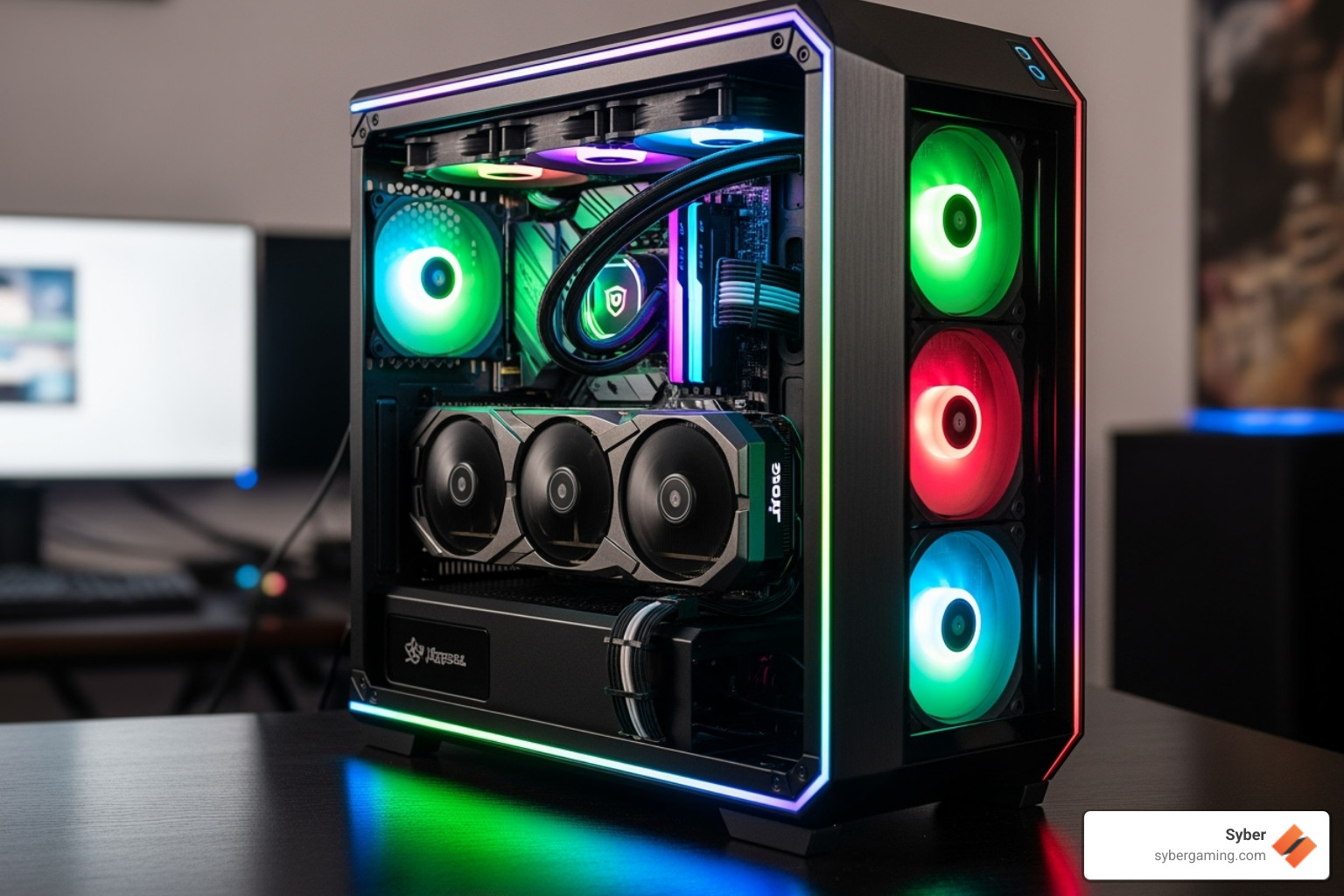 A sleek, modern gaming PC chassis with dynamic RGB lighting, showcasing internal components through a tempered glass panel. - brand new gaming computer A sleek, modern gaming PC chassis with dynamic RGB lighting, showcasing internal components through a tempered glass panel. - brand new gaming computer