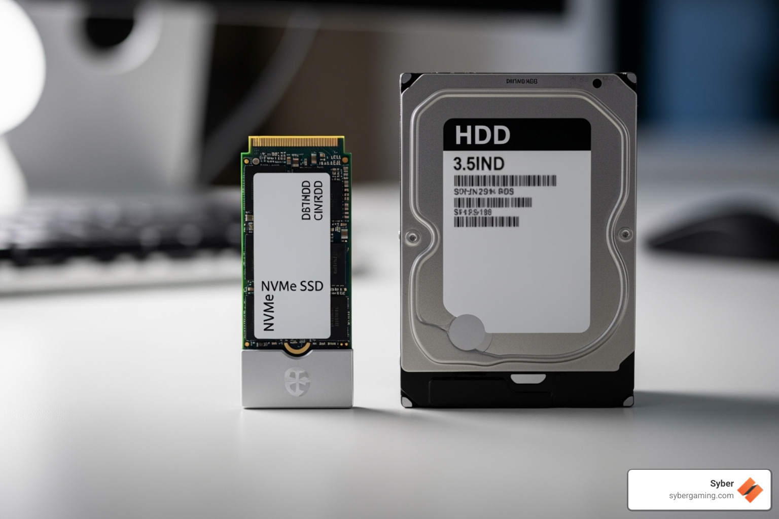 A sleek, compact NVMe SSD is juxtaposed with a much larger, traditional HDD, visually emphasizing the size difference and implied speed advantage. - gaming desktop upgrades A sleek, compact NVMe SSD is juxtaposed with a much larger, traditional HDD, visually emphasizing the size difference and implied speed advantage. - gaming desktop upgrades
