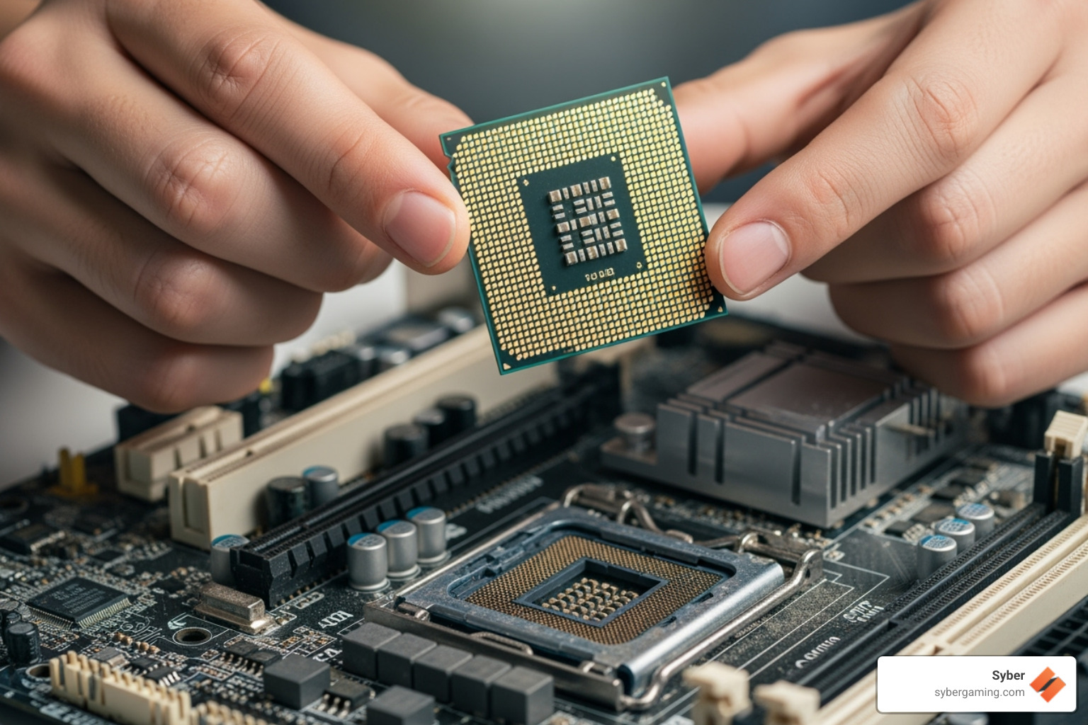 A person comparing a new, shiny CPU with an older, somewhat dusty motherboard, symbolizing the decision between upgrading components or a full system rebuild. - gaming desktop upgrades A person comparing a new, shiny CPU with an older, somewhat dusty motherboard, symbolizing the decision between upgrading components or a full system rebuild. - gaming desktop upgrades
