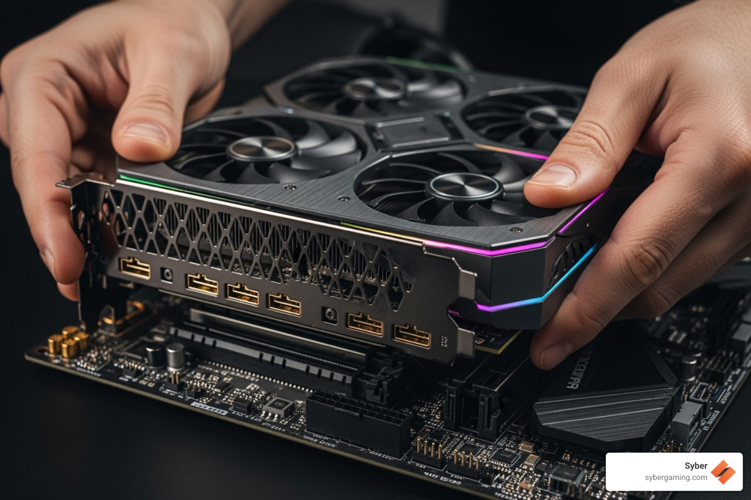 A modern graphics card, sleek and powerful, being carefully installed into a motherboard, highlighting the precision required for this crucial upgrade. - gaming desktop upgrades A modern graphics card, sleek and powerful, being carefully installed into a motherboard, highlighting the precision required for this crucial upgrade. - gaming desktop upgrades
