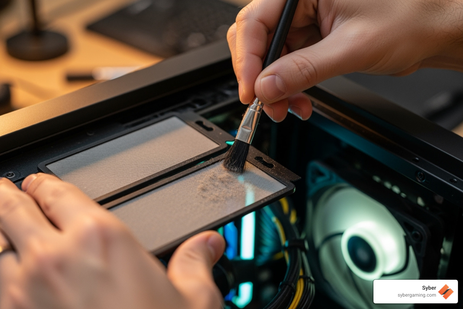 User cleaning dust filters on a PC case - silent gaming PC build