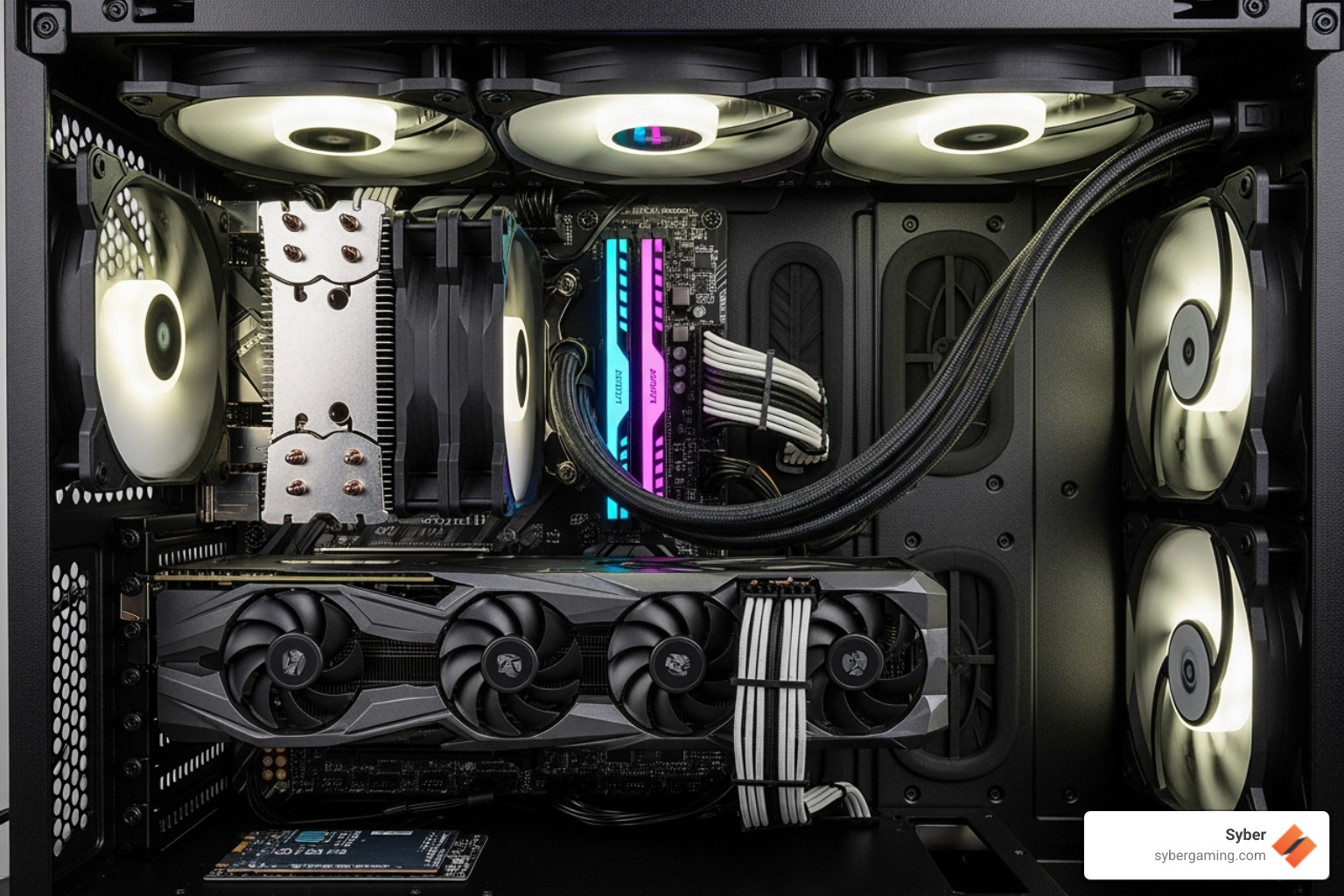 Well-organized PC interior showing excellent cable management and large air coolers - silent gaming PC build