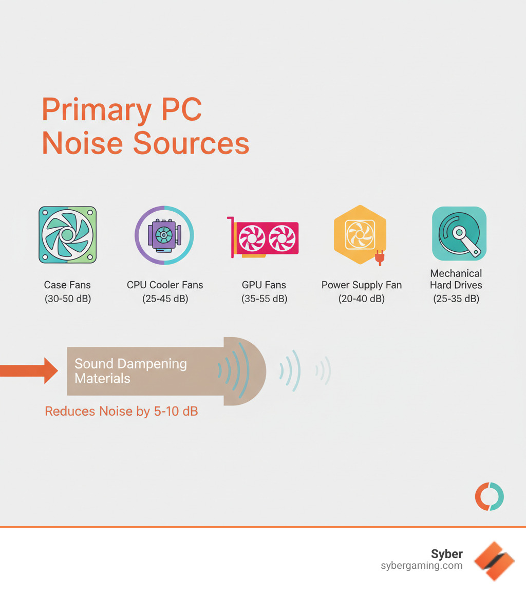 Infographic showing primary PC noise sources: case fans (30-50 dB), CPU cooler fans (25-45 dB), GPU fans (35-55 dB), power supply fan (20-40 dB), and mechanical hard drives (25-35 dB during operation). Includes visual representation of sound dampening materials reducing noise by 5-10 dB. - silent gaming PC build infographic 