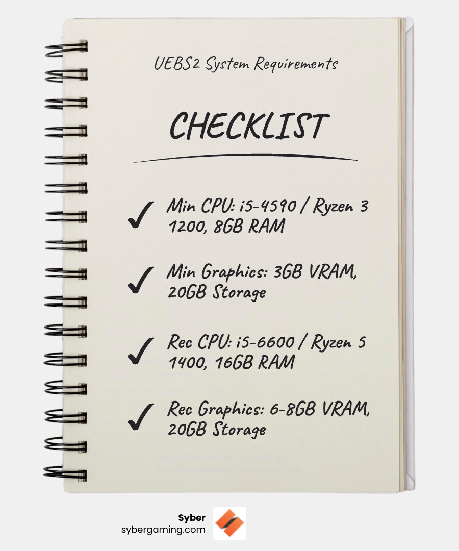 Detailed infographic showing Ultimate Epic Battle Simulator 2 minimum and recommended system requirements with visual representations of CPU, RAM, GPU, and storage specifications - ultimate epic battle simulator 2 system requirements infographic checklist-notebook