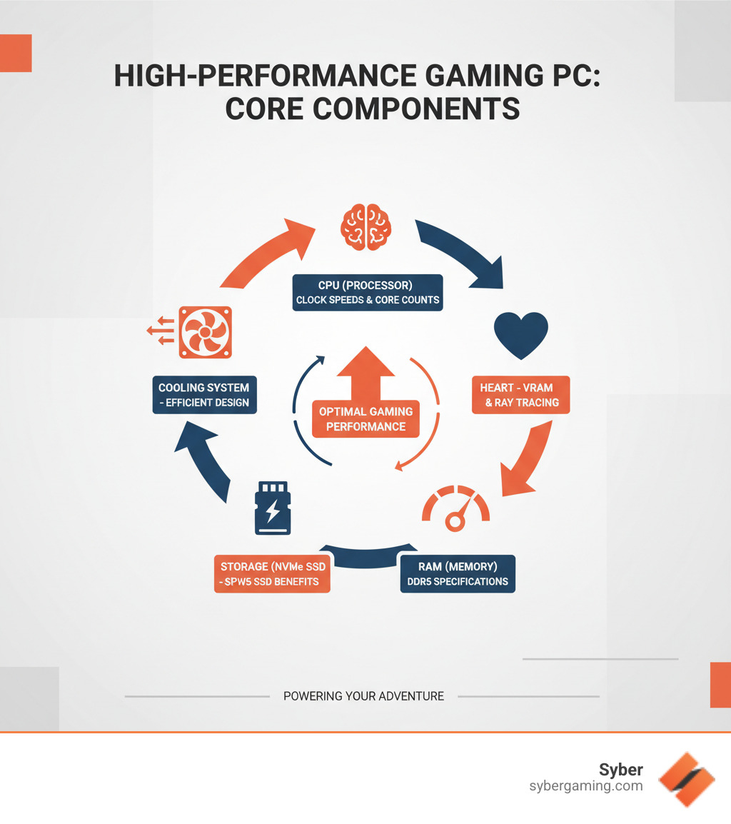 Detailed infographic showing the five core components of a high-performance gaming PC: CPU (processor) as the brain showing clock speeds and core counts, GPU (graphics card) as the heart displaying VRAM and ray tracing capabilities, RAM (memory) as fuel with DDR5 specifications, Storage (NVMe SSD) showing speed benefits, and Cooling system with airflow design, all connected with arrows showing how they work together for optimal gaming performance - best gaming pc specs infographic  Detailed infographic showing the five core components of a high-performance gaming PC: CPU (processor) as the brain showing clock speeds and core counts, GPU (graphics card) as the heart displaying VRAM and ray tracing capabilities, RAM (memory) as fuel with DDR5 specifications, Storage (NVMe SSD) showing speed benefits, and Cooling system with airflow design, all connected with arrows showing how they work together for optimal gaming performance - best gaming pc specs infographic
