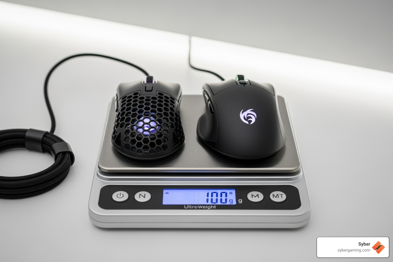 ultralight and mid-weight gaming mice on a scale - claw grip mice