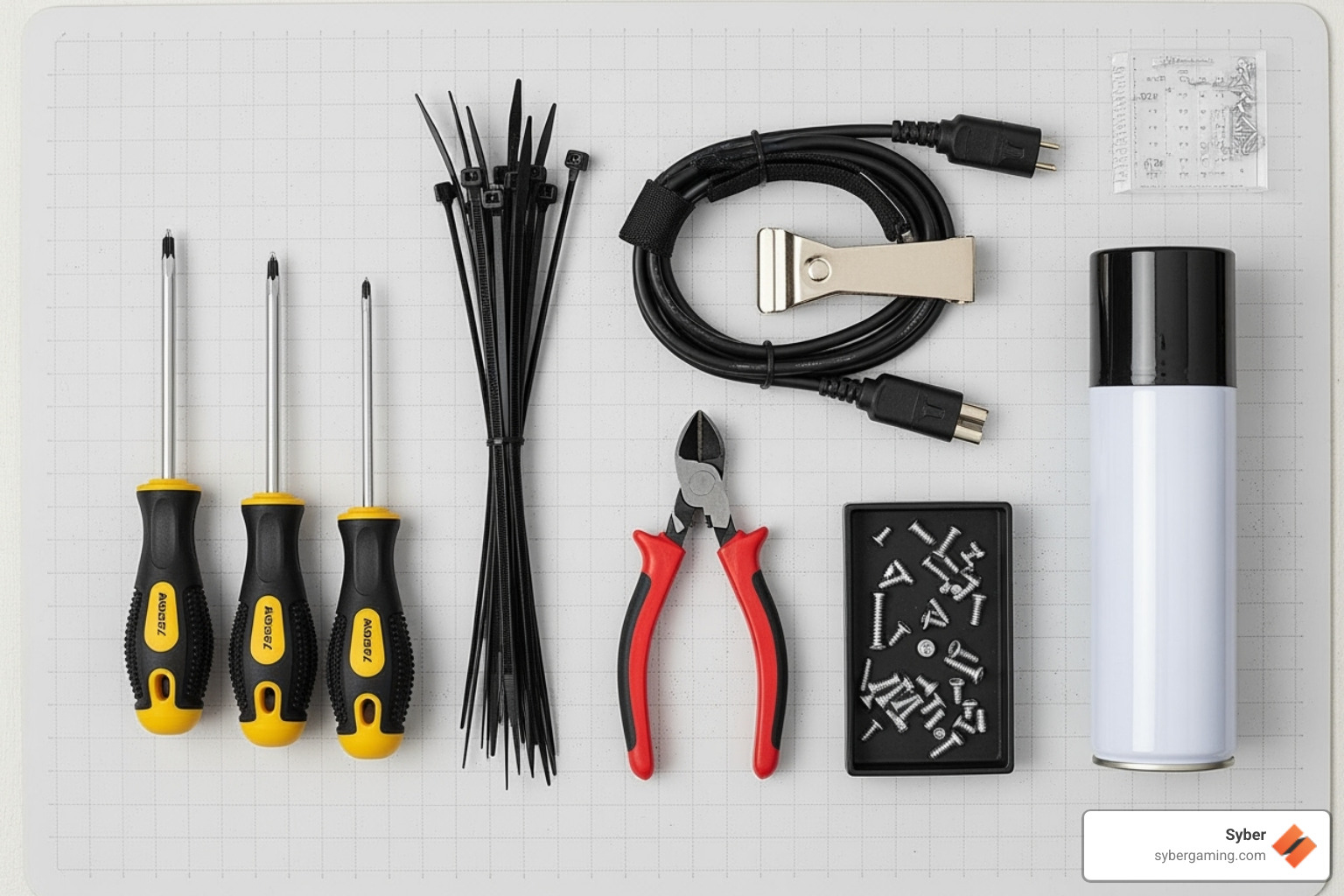 PC building tools laid out (screwdrivers, zip ties, anti-static wrist strap) - Custom gaming computer build PC building tools laid out (screwdrivers, zip ties, anti-static wrist strap) - Custom gaming computer build