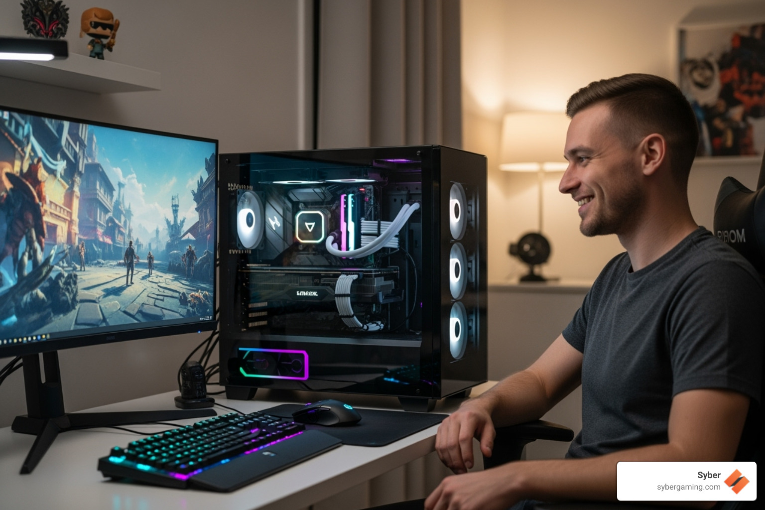 gamer looking proudly at their completed custom-built PC gamer looking proudly at their completed custom-built PC