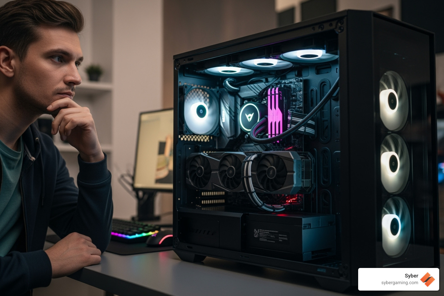 person looking thoughtfully at their new gaming PC high performance tower with the side panel off - brand new gaming pc person looking thoughtfully at their new gaming PC high performance tower with the side panel off - brand new gaming pc