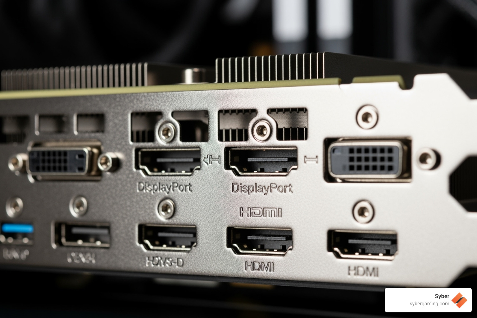 back of a graphics card, highlighting the DisplayPort and HDMI connections - brand new gaming pc back of a graphics card, highlighting the DisplayPort and HDMI connections - brand new gaming pc