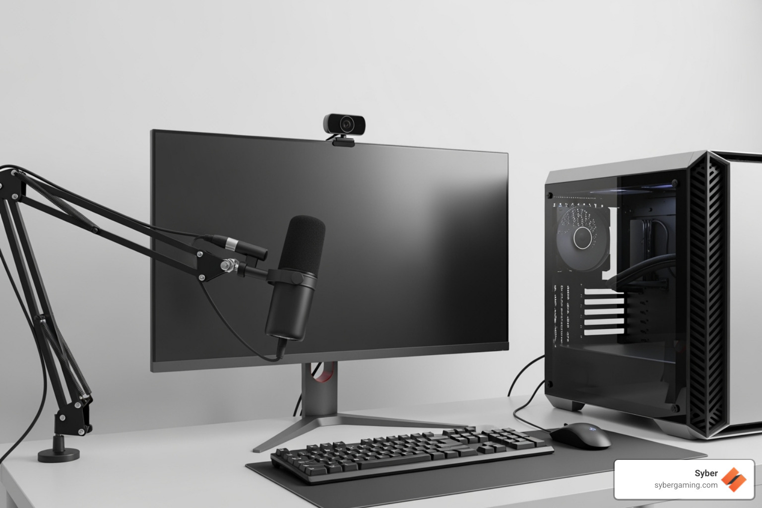 A clean, simple streaming setup with a single monitor, webcam, microphone, and a sleek gaming PC tower - Best GPU for streaming A clean, simple streaming setup with a single monitor, webcam, microphone, and a sleek gaming PC tower - Best GPU for streaming
