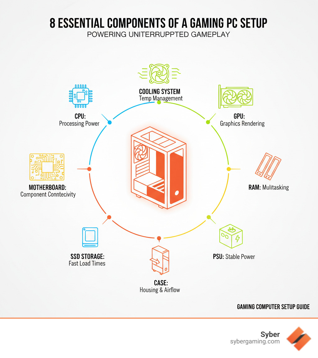 Infographic showing the 8 essential components of a gaming PC setup: CPU for processing power, GPU for graphics rendering, motherboard for component connectivity, RAM for multitasking, SSD storage for fast load times, PSU for stable power delivery, cooling system for temperature management, and case for housing all components with proper airflow - gaming computer setup infographic 