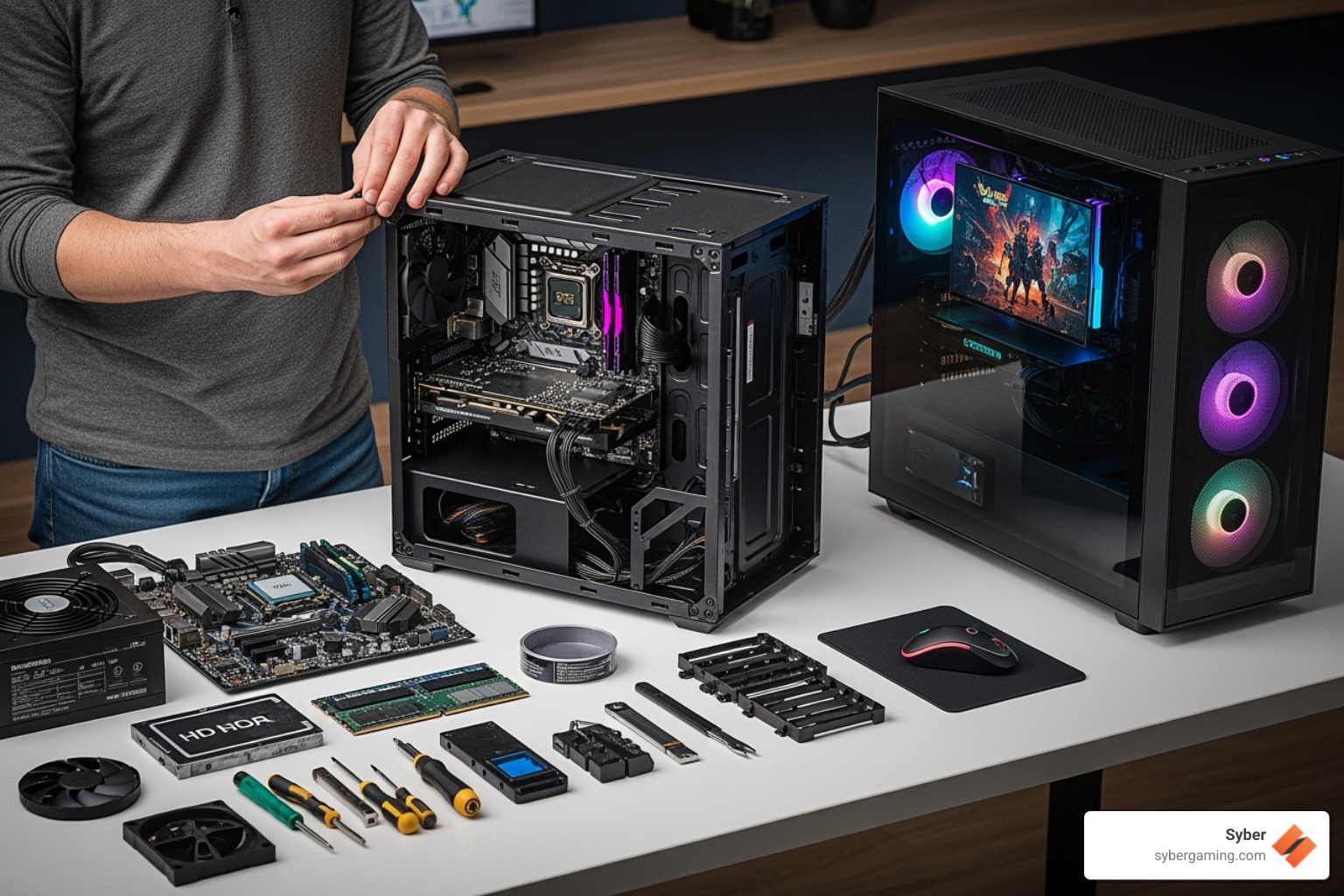 person assembling a PC side-by-side with a ready-to-use pre-built gaming PC - gaming computer setup