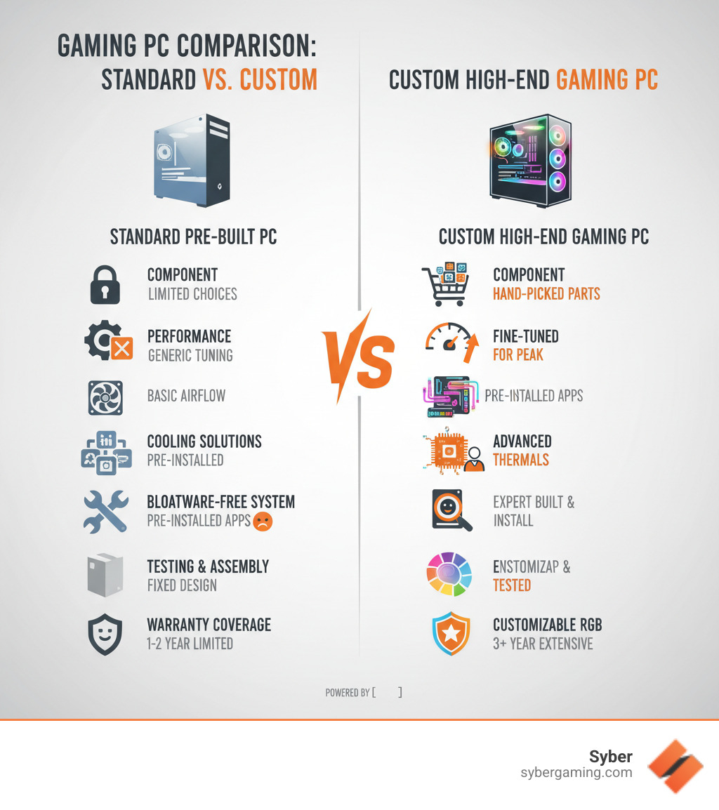 Comparison infographic showing standard pre-built PC versus custom high-end gaming PC, highlighting component selection, performance optimization, advanced cooling solutions, bloatware-free systems, expert testing and assembly, customizable aesthetics with RGB lighting, and warranty coverage differences - custom high-end gaming PC infographic Comparison infographic showing standard pre-built PC versus custom high-end gaming PC, highlighting component selection, performance optimization, advanced cooling solutions, bloatware-free systems, expert testing and assembly, customizable aesthetics with RGB lighting, and warranty coverage differences - custom high-end gaming PC infographic