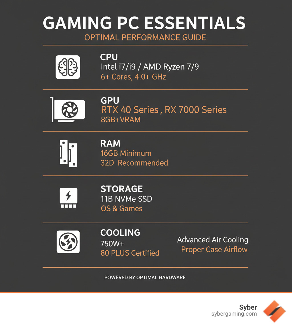 Detailed infographic showing essential gaming PC components including CPU, GPU, RAM, storage, PSU, and cooling system with recommended specifications for each component - gaming pc requirements infographic Detailed infographic showing essential gaming PC components including CPU, GPU, RAM, storage, PSU, and cooling system with recommended specifications for each component - gaming pc requirements infographic