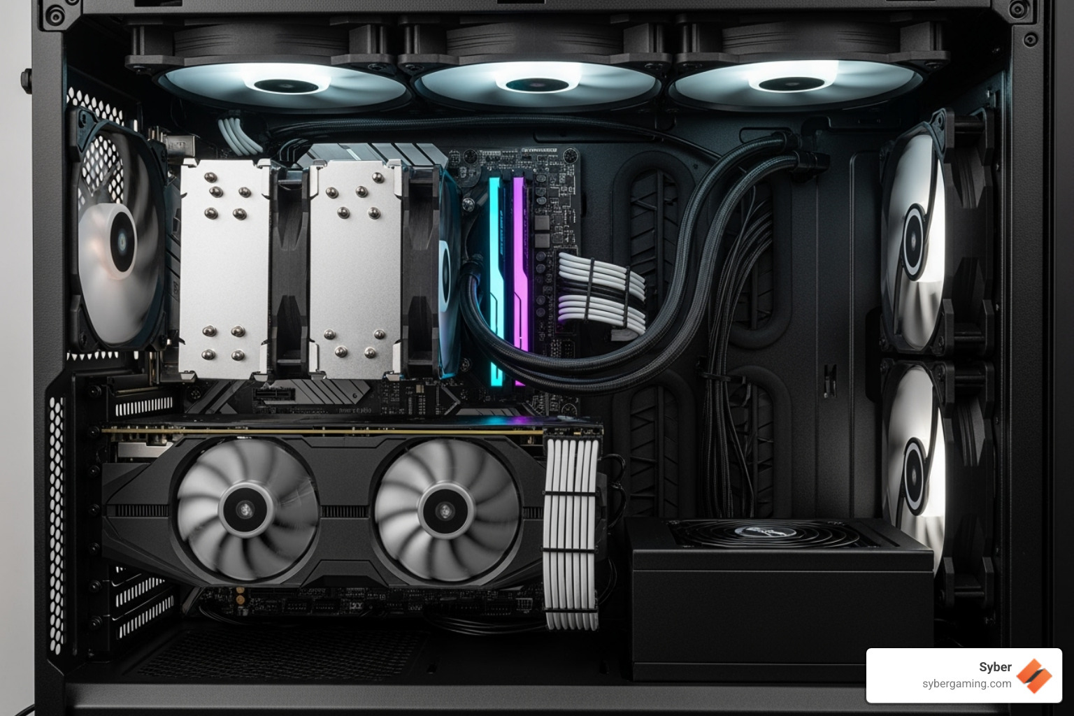 A carefully organized interior of a gaming PC case, showcasing optimal cable management and strategically placed air cooling fans for efficient airflow. - gaming pc requirements A carefully organized interior of a gaming PC case, showcasing optimal cable management and strategically placed air cooling fans for efficient airflow. - gaming pc requirements