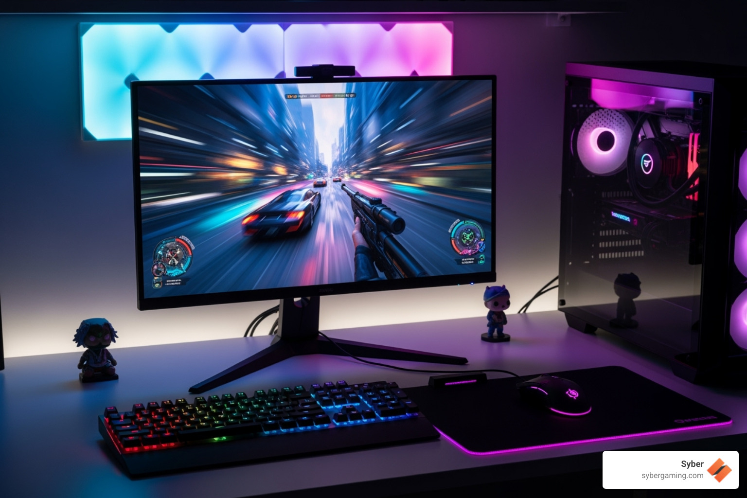 A dynamic gaming setup featuring a high-refresh-rate monitor displaying a vibrant game, alongside a mechanical keyboard and a responsive gaming mouse, all bathed in ambient RGB lighting. - gaming pc requirements A dynamic gaming setup featuring a high-refresh-rate monitor displaying a vibrant game, alongside a mechanical keyboard and a responsive gaming mouse, all bathed in ambient RGB lighting. - gaming pc requirements