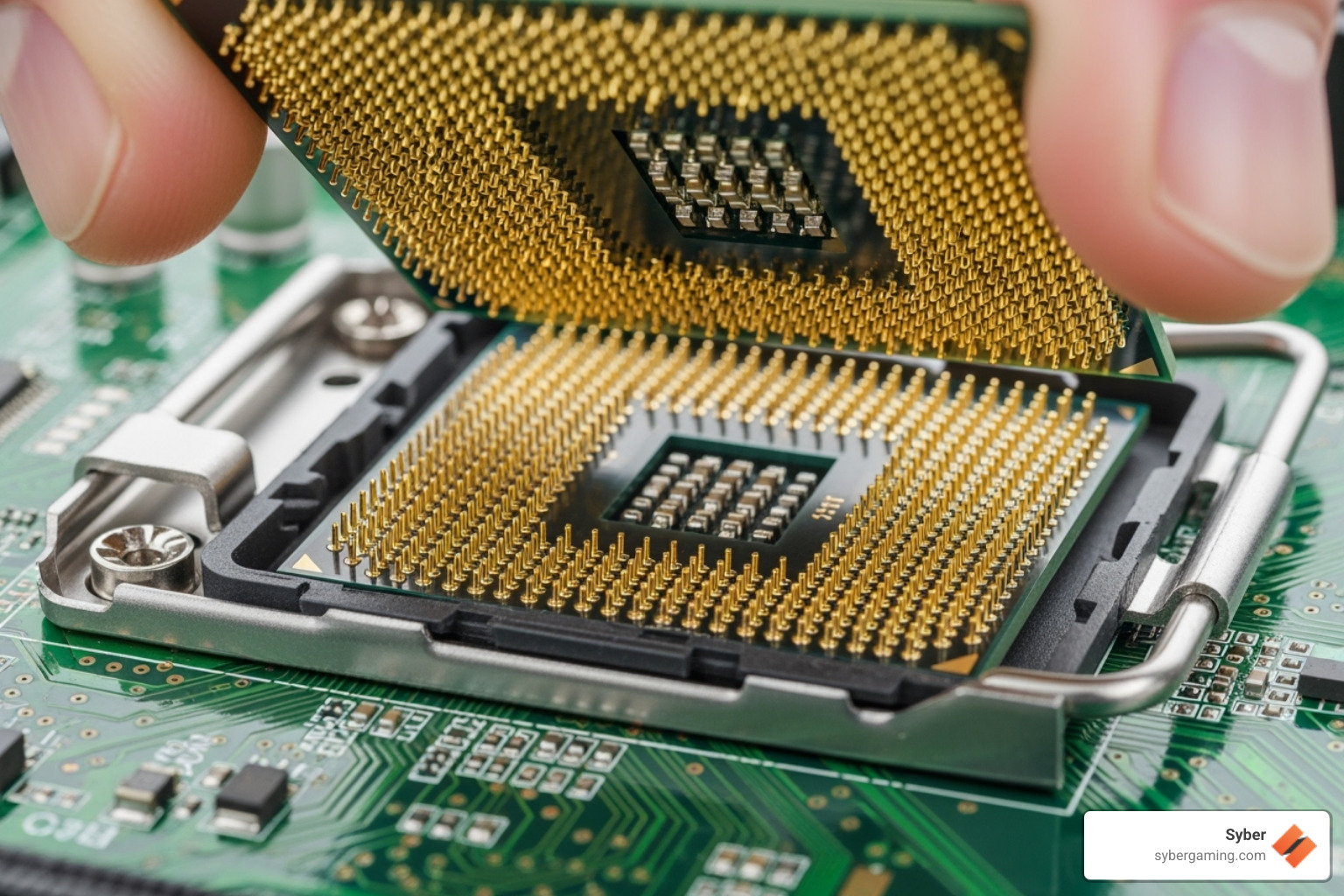 A close-up view of a CPU being carefully placed into a motherboard socket, highlighting the intricate pins and connection points. - gaming pc requirements A close-up view of a CPU being carefully placed into a motherboard socket, highlighting the intricate pins and connection points. - gaming pc requirements