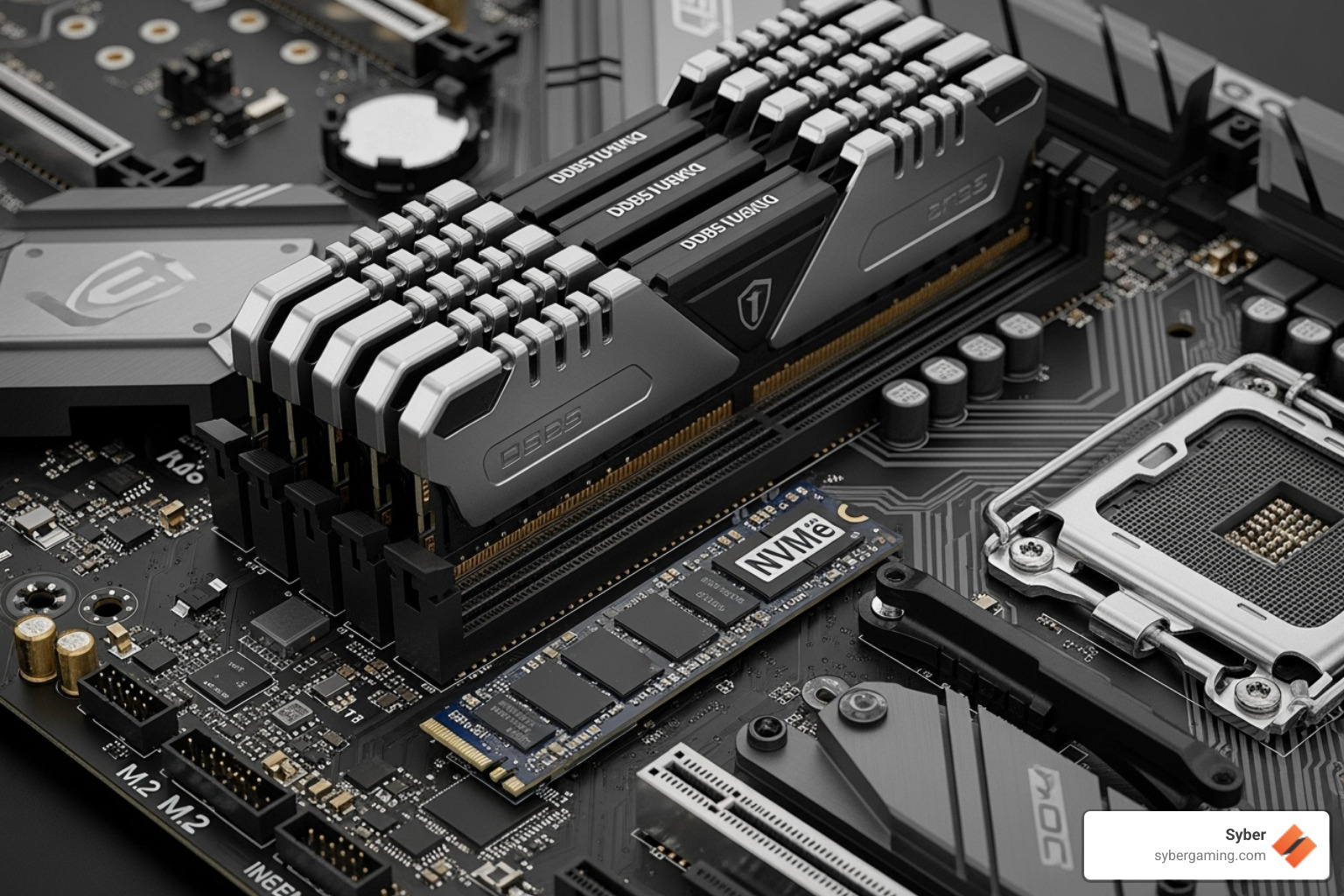 Motherboard with DDR5 RAM and NVMe SSD installed - Extreme gaming desktop