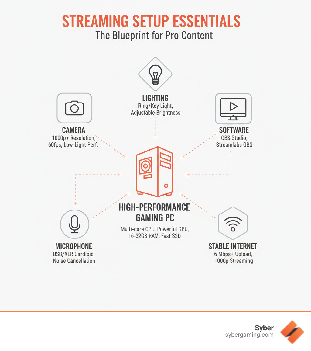 Infographic explaining the 5 core components of a streaming setup: High-Performance Custom Prebuilt Gaming PC, Camera, Microphone, Lighting, and Software. Each component includes 2-3 key specifications and connects to the central gaming PC. - twitch streamer setups infographic Infographic explaining the 5 core components of a streaming setup: High-Performance Custom Prebuilt Gaming PC, Camera, Microphone, Lighting, and Software. Each component includes 2-3 key specifications and connects to the central gaming PC. - twitch streamer setups infographic