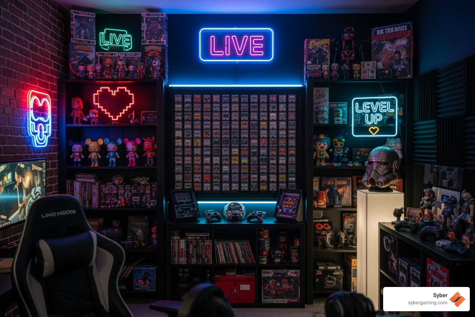 Personalized streaming background with neon signs and collectibles - twitch streamer setups Personalized streaming background with neon signs and collectibles - twitch streamer setups