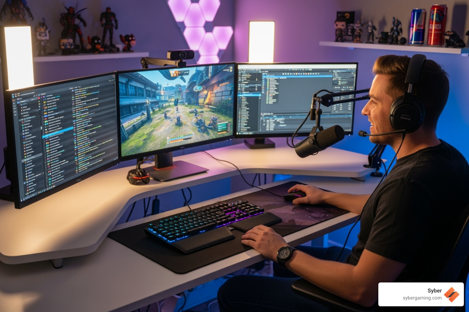 Streamer at their desk interacting with multiple monitors and peripherals - twitch streamer setups Streamer at their desk interacting with multiple monitors and peripherals - twitch streamer setups