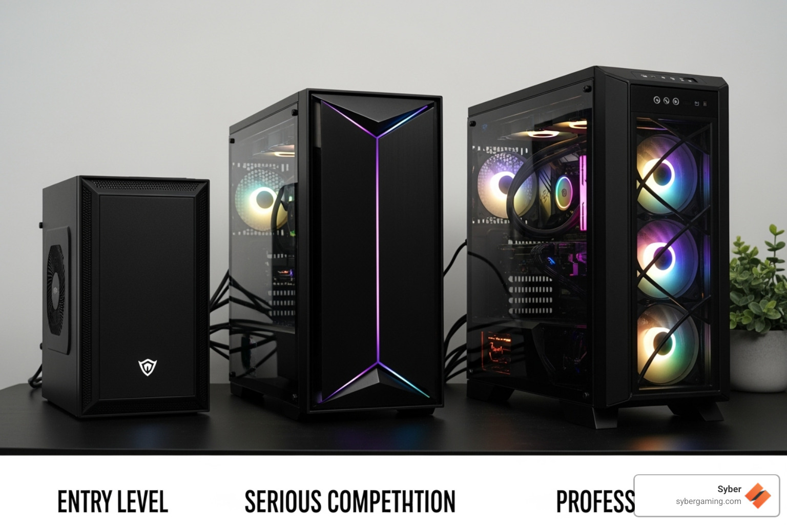 Three different Syber PC builds representing entry-level, serious competition, and professional-grade tiers - Esports gaming computer Three different Syber PC builds representing entry-level, serious competition, and professional-grade tiers - Esports gaming computer