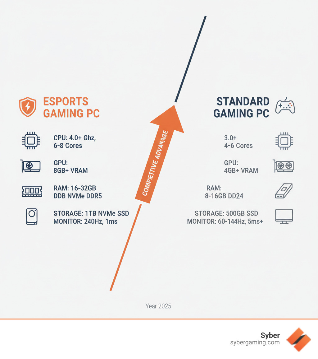 Comparison infographic showing esports gaming PC requirements: CPU with 4.0+ GHz clock speed and 6-8 cores, GPU with 8GB VRAM minimum, 16-32GB DDR5 RAM, 1TB NVMe SSD, and monitor specifications showing 240Hz refresh rate with 1ms response time, contrasted against standard gaming PC specs - Esports gaming computer infographic Comparison infographic showing esports gaming PC requirements: CPU with 4.0+ GHz clock speed and 6-8 cores, GPU with 8GB VRAM minimum, 16-32GB DDR5 RAM, 1TB NVMe SSD, and monitor specifications showing 240Hz refresh rate with 1ms response time, contrasted against standard gaming PC specs - Esports gaming computer infographic