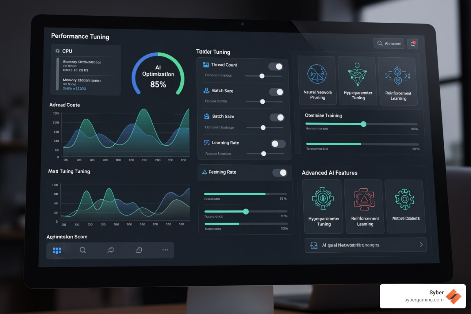 A software dashboard displaying various performance tuning options and real-time system metrics, indicating advanced AI optimization features. - premium gaming computer A software dashboard displaying various performance tuning options and real-time system metrics, indicating advanced AI optimization features. - premium gaming computer