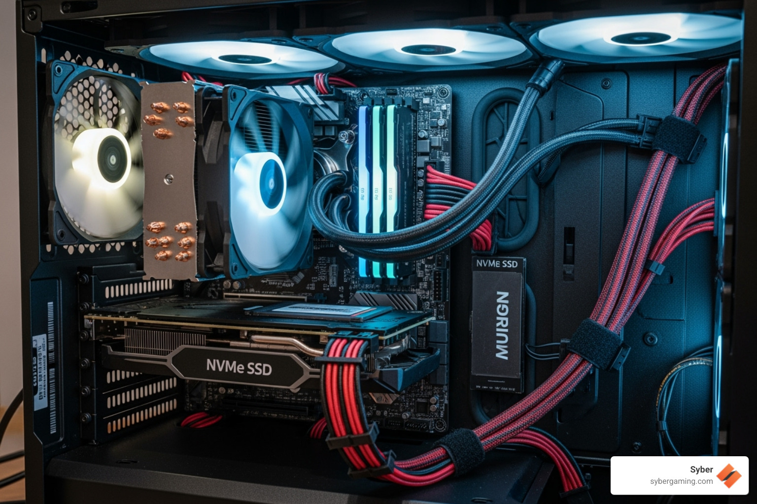 Clean and well-lit interior of an air-cooled high-performance PC, highlighting efficient cooling and cable management - custom liquid cooled PC Clean and well-lit interior of an air-cooled high-performance PC, highlighting efficient cooling and cable management - custom liquid cooled PC