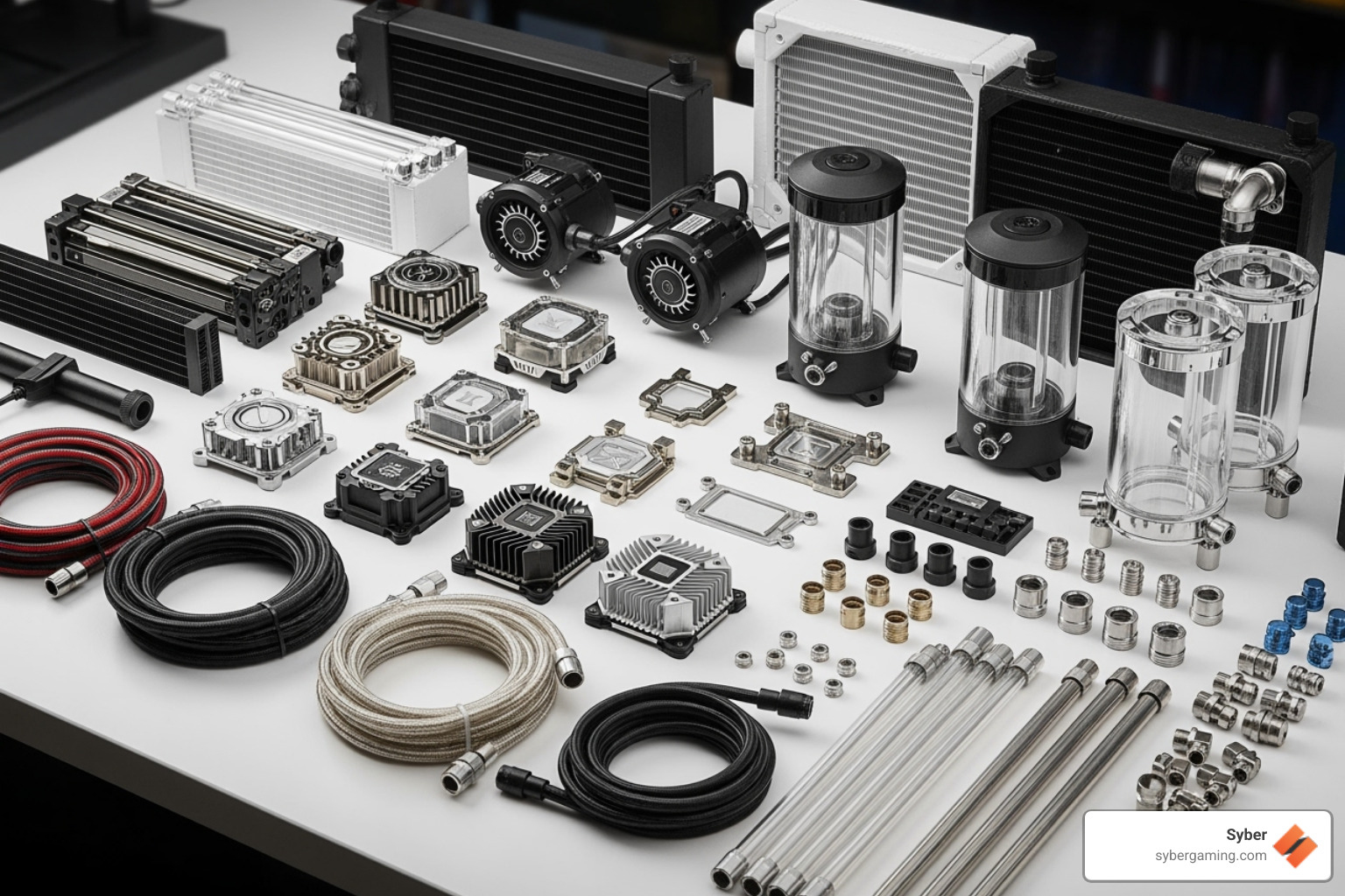 Individual liquid cooling components laid out for a custom build - custom liquid cooled PC Individual liquid cooling components laid out for a custom build - custom liquid cooled PC