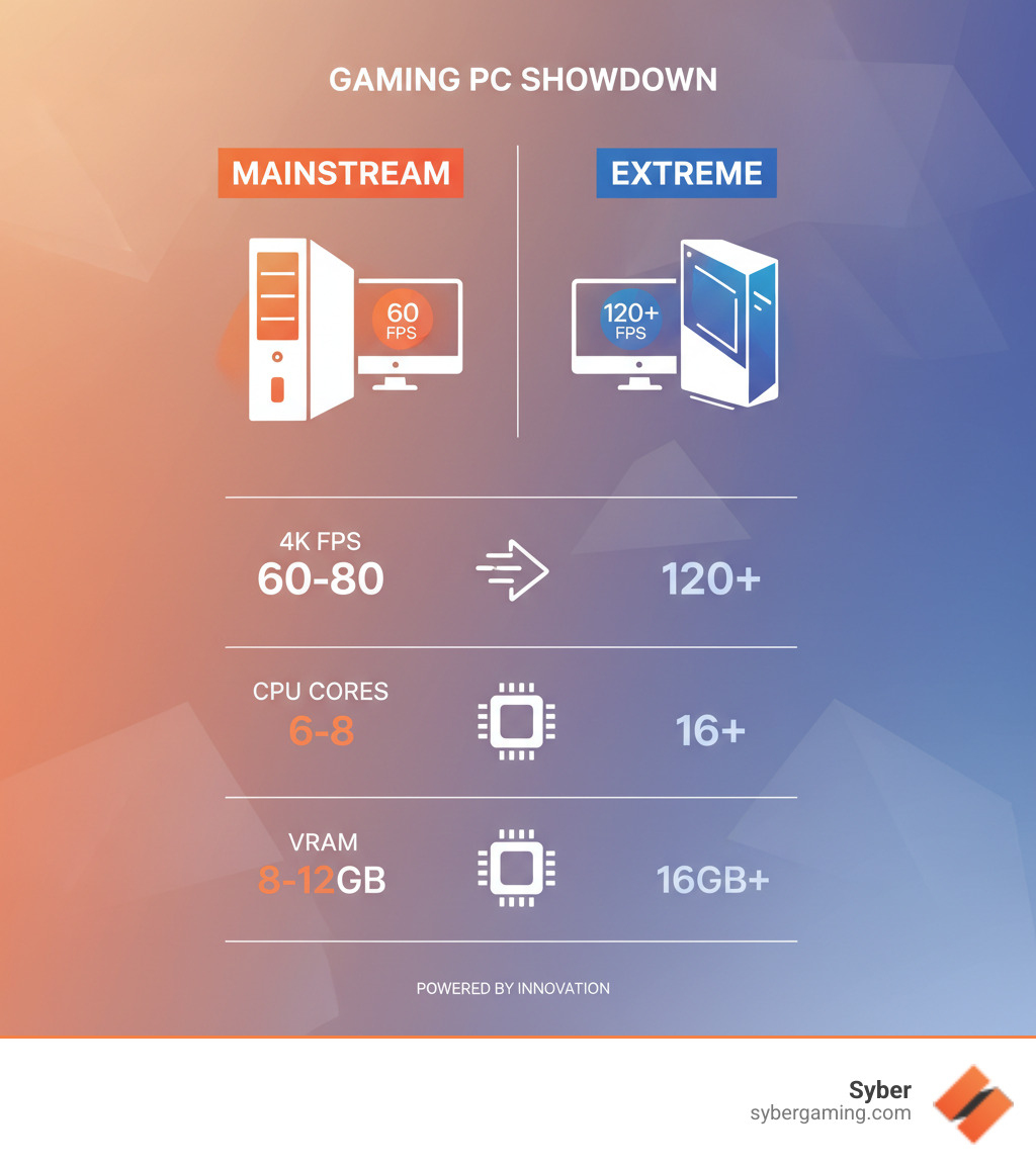 Infographic comparing mainstream vs. extreme gaming PC setups, highlighting differences in typical 4K FPS (e.g., Mainstream: 60-80 FPS, Extreme: 120+ FPS), CPU core counts (e.g., Mainstream: 6-8 cores, Extreme: 16+ cores), and VRAM (e.g., Mainstream: 8-12GB, Extreme: 16GB+). - extreme gaming PC setup infographic 