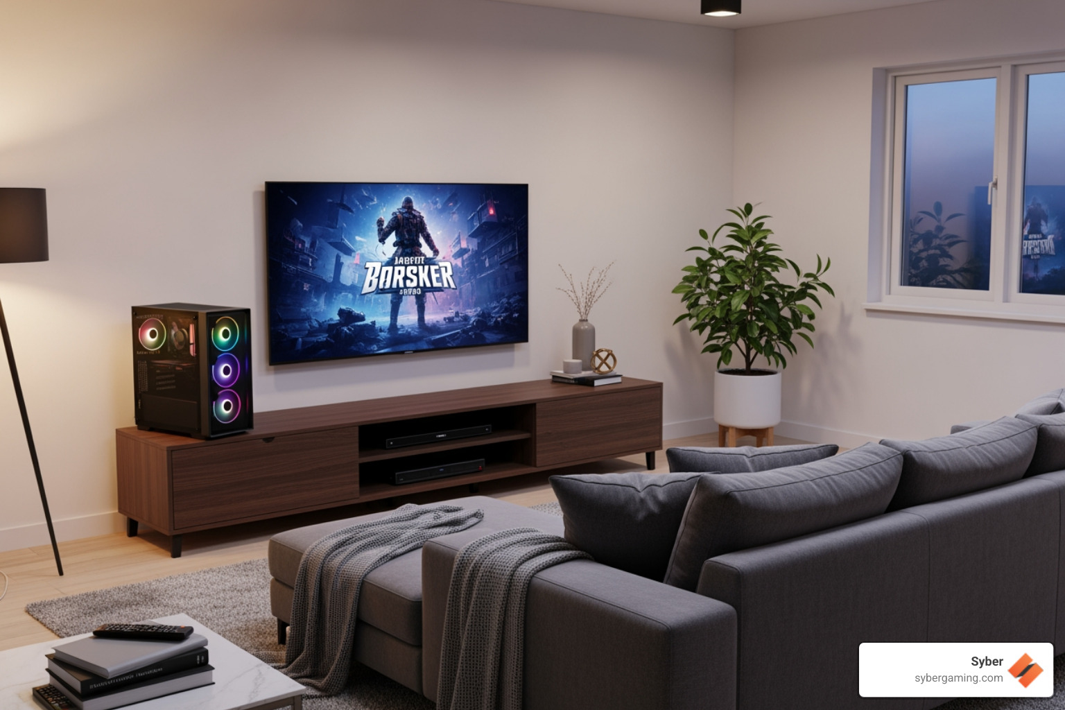 compact PC next to a TV in a living room - Compact gaming desktop