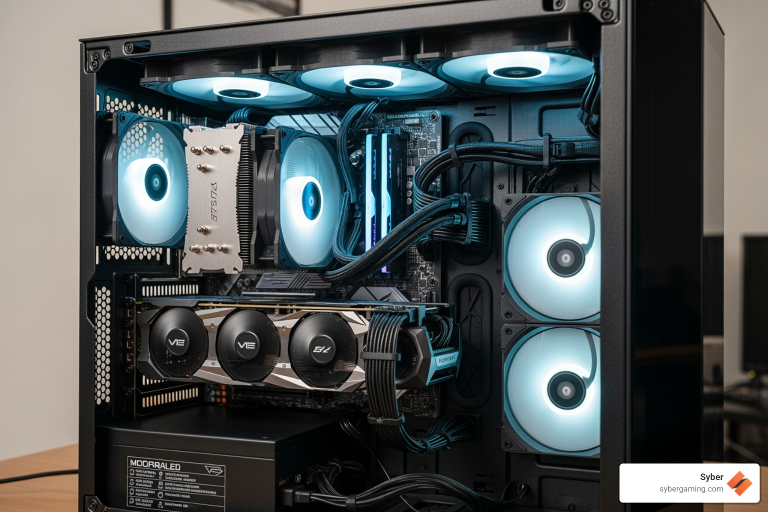 interior of a well-organized, air-cooled PC showing excellent cable management and large case fans. - custom PC with 4090