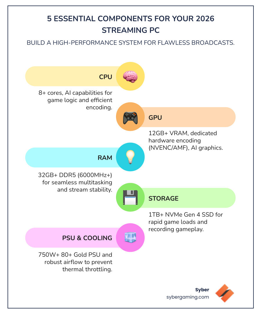 Infographic showing the 5 essential components of a 2026 streaming PC: CPU with 8+ cores and AI capabilities, GPU with 12GB+ VRAM and hardware encoding, 32GB DDR5 RAM, 1TB+ NVMe Gen 4 SSD, and 750W+ 80 Plus Gold PSU with proper air-flow cooling - best streaming pc 2026 infographic infographic-line-5-steps-colors Infographic showing the 5 essential components of a 2026 streaming PC: CPU with 8+ cores and AI capabilities, GPU with 12GB+ VRAM and hardware encoding, 32GB DDR5 RAM, 1TB+ NVMe Gen 4 SSD, and 750W+ 80 Plus Gold PSU with proper air-flow cooling - best streaming pc 2026 infographic infographic-line-5-steps-colors