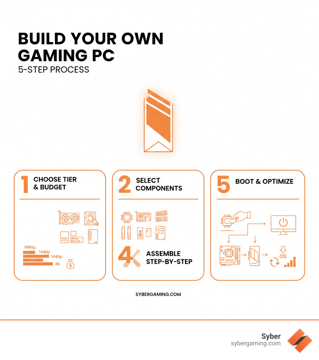 Infographic showing the 5-step process to build your own gaming PC: 1) Choose performance tier and budget, 2) Select compatible CPU, GPU, motherboard, RAM, storage, PSU and case, 3) Gather tools including screwdrivers and thermal paste, 4) Assemble components starting with CPU installation through cable management, 5) First boot, OS installation, driver updates and performance testing - build your own gaming PC infographic Infographic showing the 5-step process to build your own gaming PC: 1) Choose performance tier and budget, 2) Select compatible CPU, GPU, motherboard, RAM, storage, PSU and case, 3) Gather tools including screwdrivers and thermal paste, 4) Assemble components starting with CPU installation through cable management, 5) First boot, OS installation, driver updates and performance testing - build your own gaming PC infographic