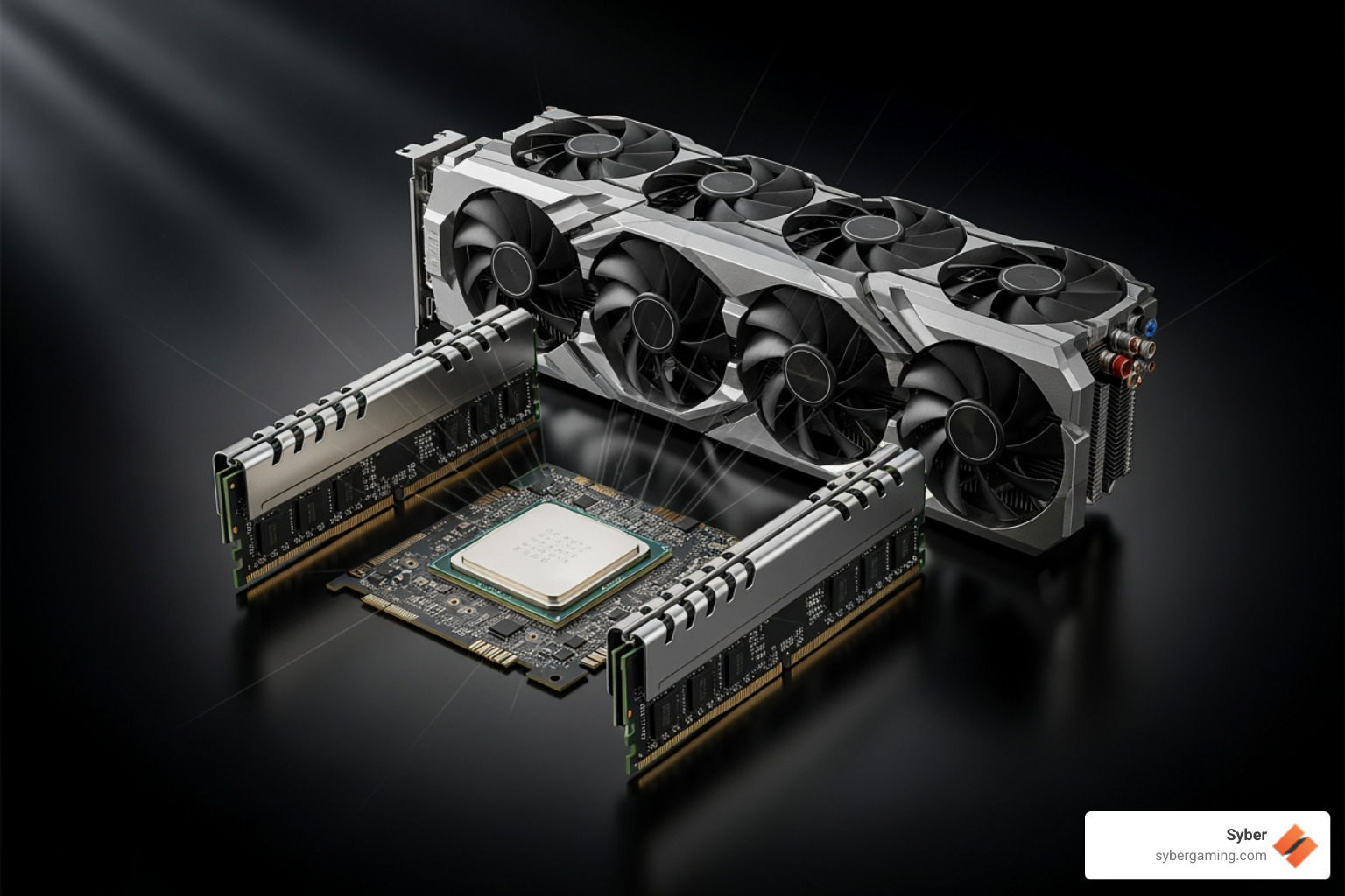 Key PC components like a CPU, GPU, and RAM sticks arranged neatly on a dark background, emphasizing their importance in a custom build - custom PC services Key PC components like a CPU, GPU, and RAM sticks arranged neatly on a dark background, emphasizing their importance in a custom build - custom PC services