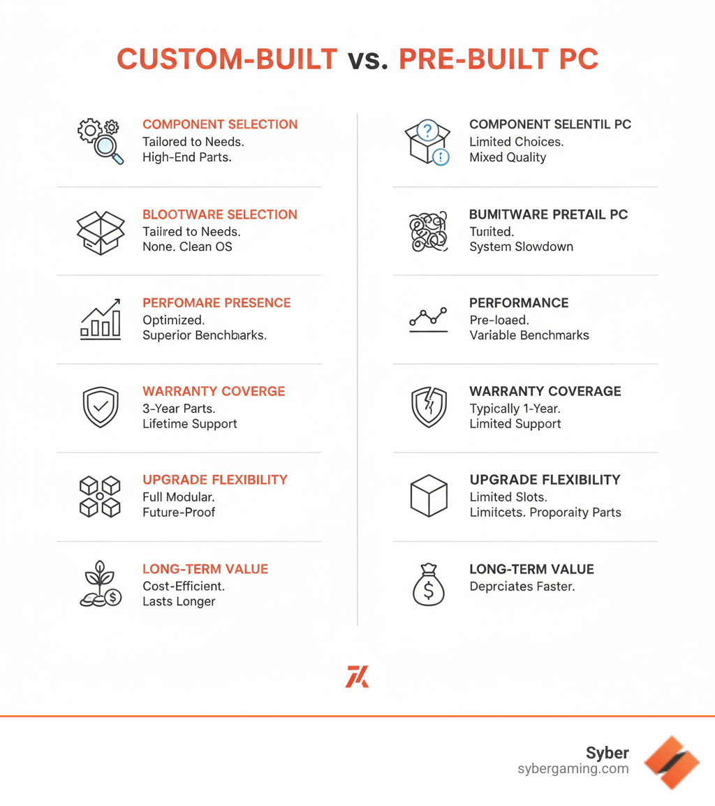 Infographic comparing custom-built PC services versus pre-built retail computers, showing key differences in component selection, bloatware presence, performance benchmarks, warranty coverage, upgrade flexibility, and long-term value - custom PC services infographic Infographic comparing custom-built PC services versus pre-built retail computers, showing key differences in component selection, bloatware presence, performance benchmarks, warranty coverage, upgrade flexibility, and long-term value - custom PC services infographic
