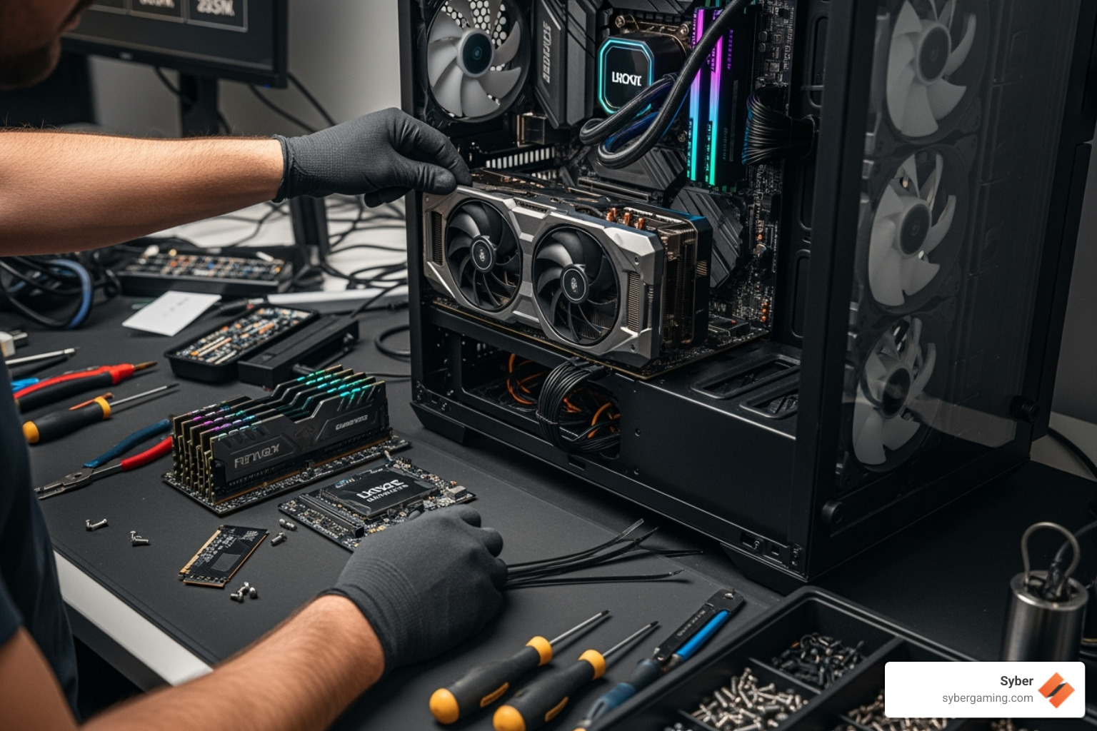 technician carefully assembling a gaming PC - gaming desktop california technician carefully assembling a gaming PC - gaming desktop california