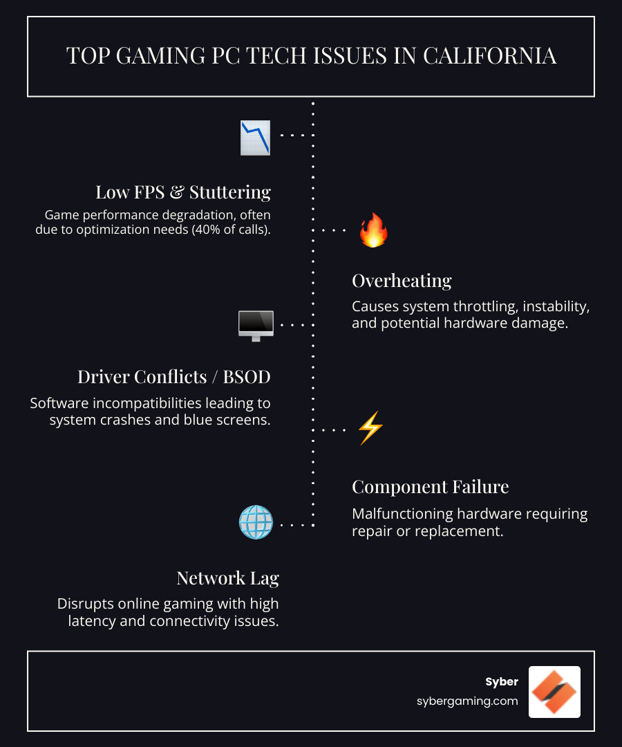 Infographic showing common gaming PC technical issues in California: Low FPS/stuttering (40% performance-related calls), overheating and thermal throttling, driver conflicts and compatibility issues, Blue Screen of Death (BSOD), network lag for online gaming, VR glitches and headset problems, and component failures requiring hardware replacement. Each issue includes typical symptoms and whether it requires remote or in-person support. - gaming pc technical support california infographic infographic-line-5-steps-dark Infographic showing common gaming PC technical issues in California: Low FPS/stuttering (40% performance-related calls), overheating and thermal throttling, driver conflicts and compatibility issues, Blue Screen of Death (BSOD), network lag for online gaming, VR glitches and headset problems, and component failures requiring hardware replacement. Each issue includes typical symptoms and whether it requires remote or in-person support. - gaming pc technical support california infographic infographic-line-5-steps-dark