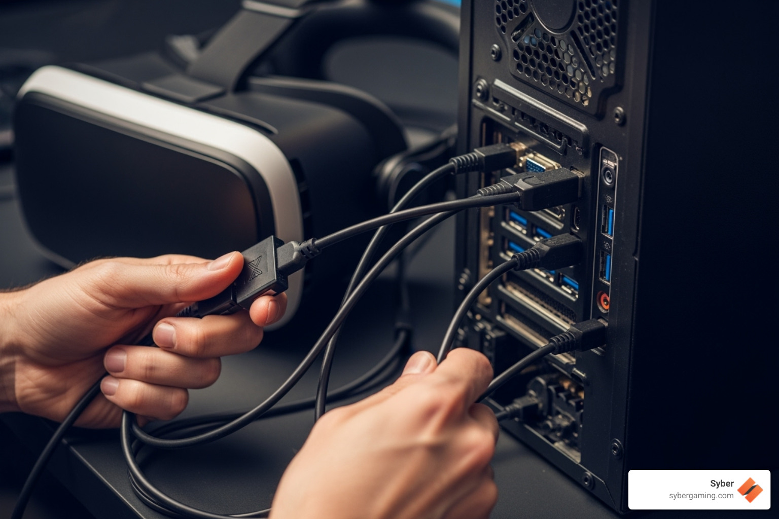 user checking VR headset cable connections to a PC - vr gaming setup user checking VR headset cable connections to a PC - vr gaming setup