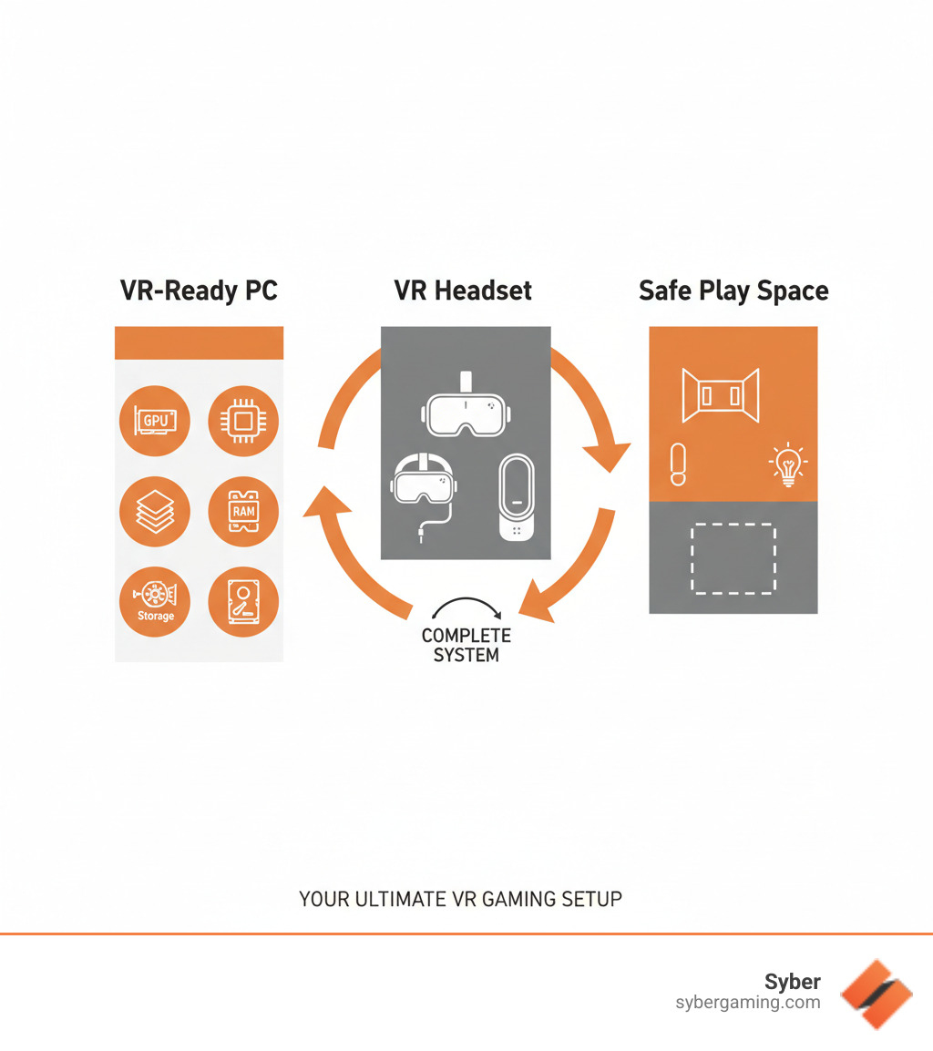 Infographic showing the three essential pillars of a VR gaming setup: First pillar labeled 'VR-Ready PC' with icons for GPU, CPU, RAM and storage. Second pillar labeled 'VR Headset' showing different headset types (tethered and standalone). Third pillar labeled 'Safe Play Space' with illustrations of cleared room area, boundary markers, and proper lighting. Arrows connecting all three pillars to demonstrate they work together as a complete system. - vr gaming setup infographic Infographic showing the three essential pillars of a VR gaming setup: First pillar labeled 'VR-Ready PC' with icons for GPU, CPU, RAM and storage. Second pillar labeled 'VR Headset' showing different headset types (tethered and standalone). Third pillar labeled 'Safe Play Space' with illustrations of cleared room area, boundary markers, and proper lighting. Arrows connecting all three pillars to demonstrate they work together as a complete system. - vr gaming setup infographic
