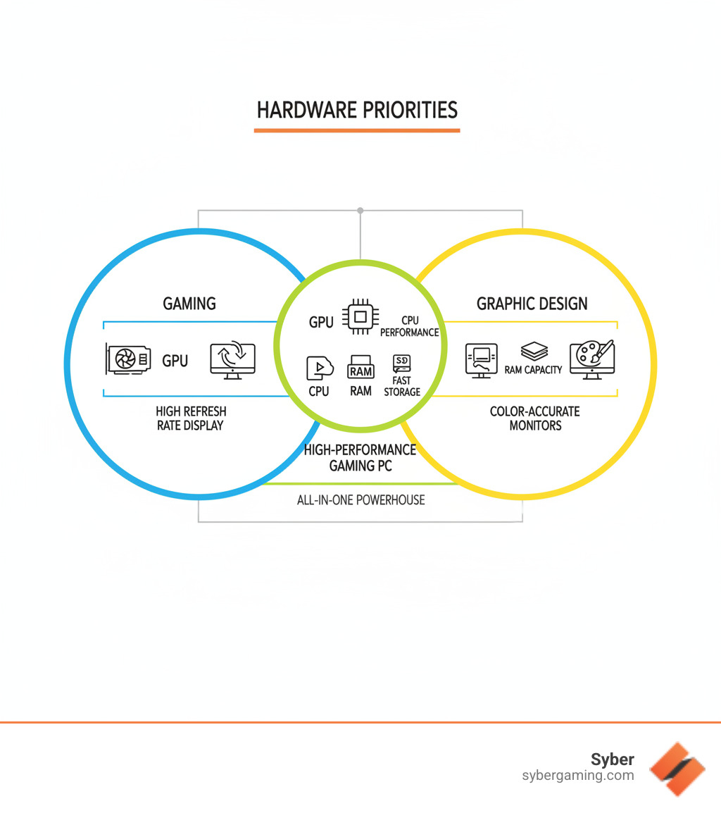 Infographic comparing hardware priorities: Gaming focuses on GPU and high refresh rate displays, while graphic design prioritizes CPU performance, RAM capacity, and color-accurate monitors. The overlap shows how high-performance gaming PCs meet both needs with powerful GPUs, strong CPUs, ample RAM, and fast storage. - gaming PC for graphic design infographic Infographic comparing hardware priorities: Gaming focuses on GPU and high refresh rate displays, while graphic design prioritizes CPU performance, RAM capacity, and color-accurate monitors. The overlap shows how high-performance gaming PCs meet both needs with powerful GPUs, strong CPUs, ample RAM, and fast storage. - gaming PC for graphic design infographic