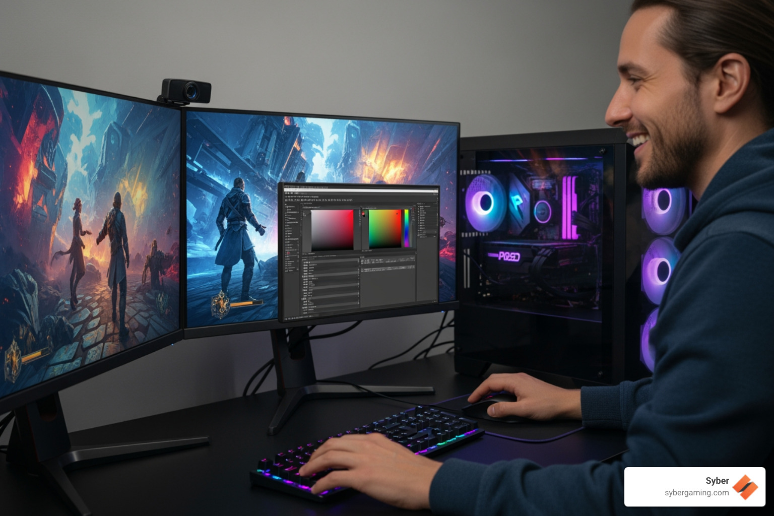 A person looking satisfied while using a high-performance PC for both gaming and creative work - gaming PC for graphic design A person looking satisfied while using a high-performance PC for both gaming and creative work - gaming PC for graphic design