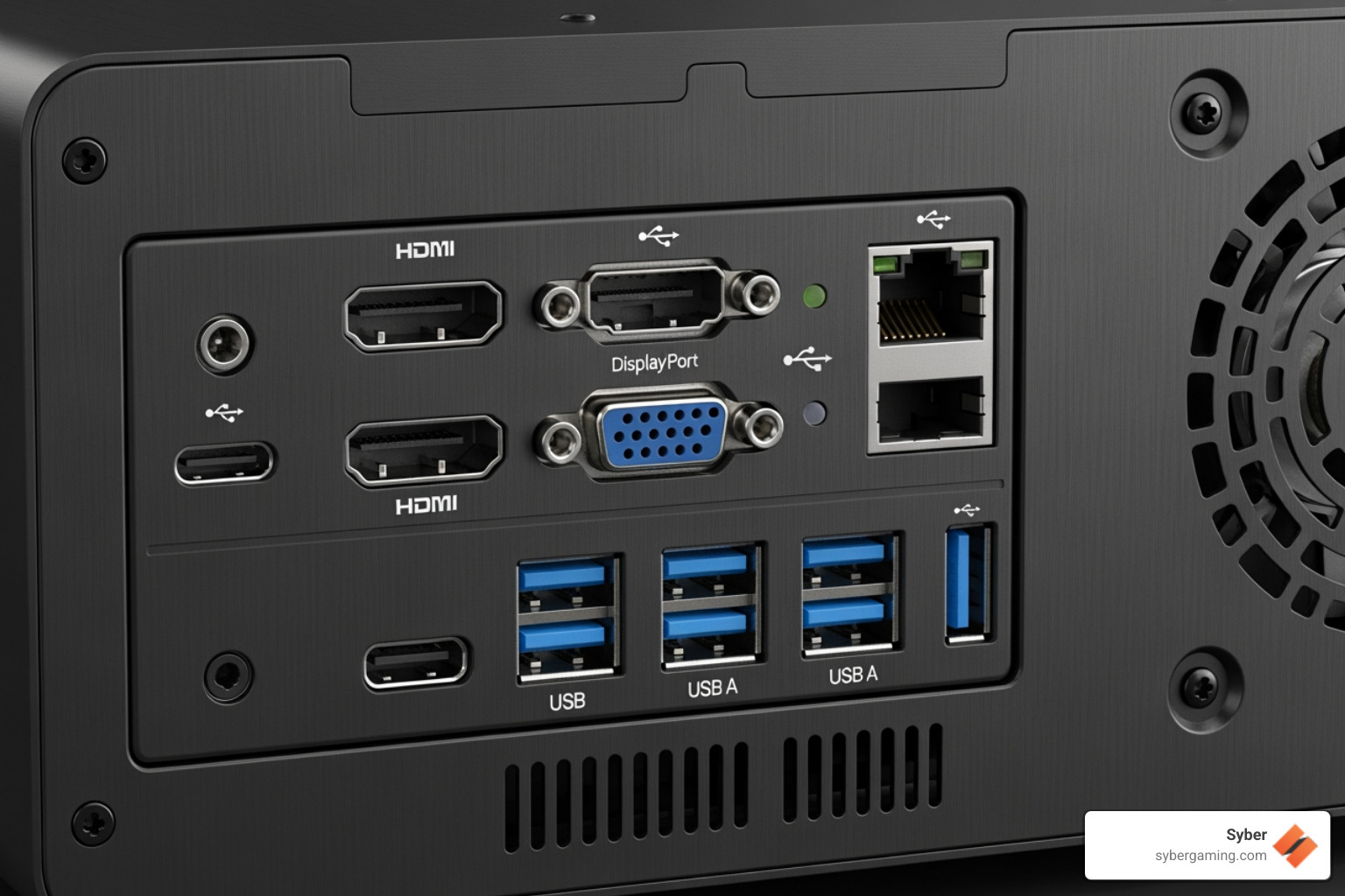 Image of the back of a mini PC showing a rich selection of ports - custom mini desktop Image of the back of a mini PC showing a rich selection of ports - custom mini desktop
