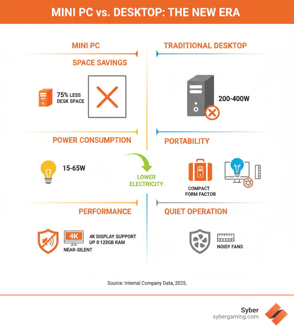 Infographic comparing mini PC benefits to traditional desktop: Space savings showing 75% less desk space required, power consumption comparison of 15-65W vs 200-400W, portability advantages with compact form factor, performance capabilities including support for 4K displays and up to 128GB RAM, and quiet operation features - custom mini desktop infographic Infographic comparing mini PC benefits to traditional desktop: Space savings showing 75% less desk space required, power consumption comparison of 15-65W vs 200-400W, portability advantages with compact form factor, performance capabilities including support for 4K displays and up to 128GB RAM, and quiet operation features - custom mini desktop infographic