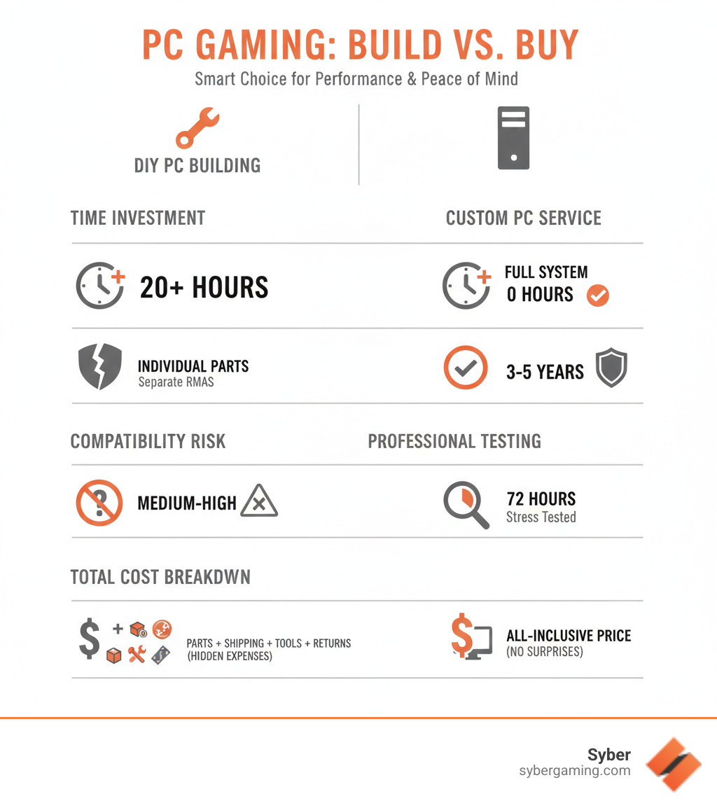 Infographic comparing DIY PC building versus custom PC services, showing time investment (20+ hours vs. 0 hours), warranty coverage (individual parts vs. full system 3-5 years), compatibility risk (medium-high vs. zero), professional testing (none vs. 72 hours stress testing), and total cost breakdown including hidden DIY expenses like shipping, tools, and potential RMA returns - build custom gaming PC infographic 