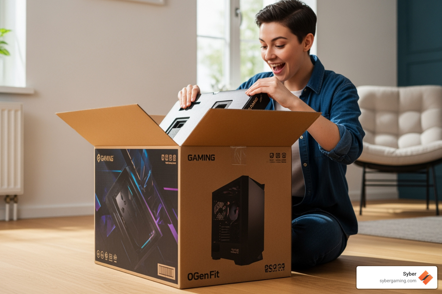 customer unboxing a new, professionally packaged gaming PC - build custom gaming PC