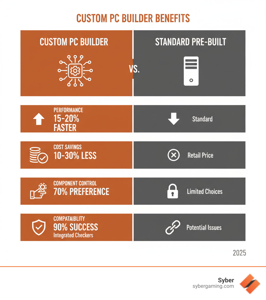 Infographic comparing custom PC builder benefits versus standard pre-built gaming computers, showing performance increase of 15-20 percent, cost savings of 10-30 percent, component selection control at 70 percent preference rate, and compatibility success rate of 90 percent when using integrated checkers - custom PC builder infographic 