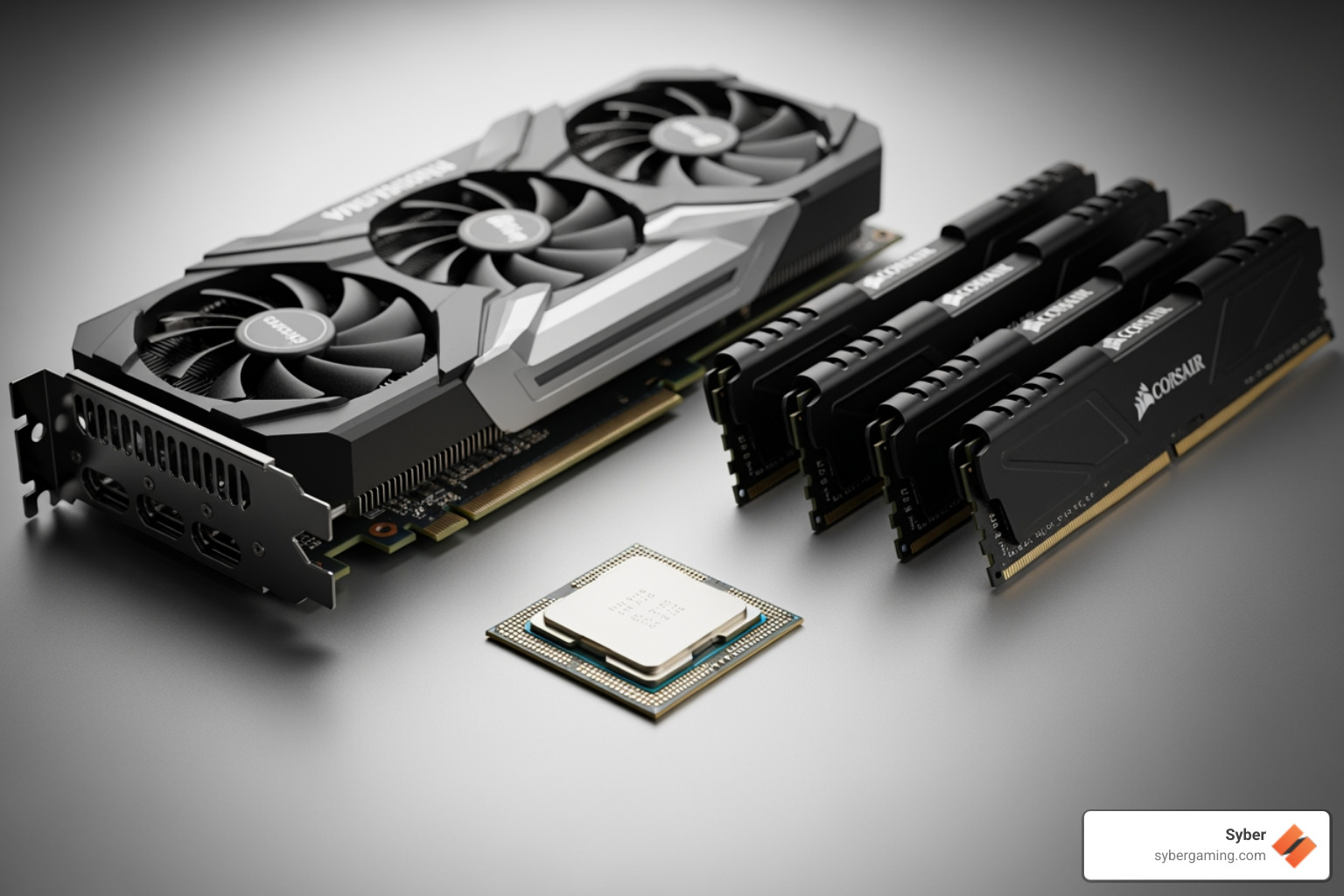 key PC components like a CPU, GPU, and RAM sticks laid out neatly - custom PC builder